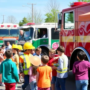 Children exploring vehicles at the Touch-A-Truck event