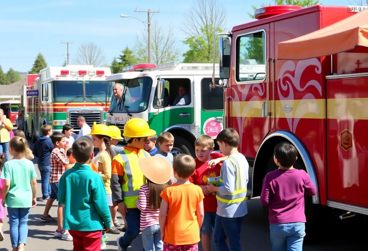 Children exploring vehicles at the Touch-A-Truck event