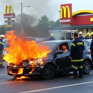 Firefighters responding to a vehicle fire in a McDonald's parking lot