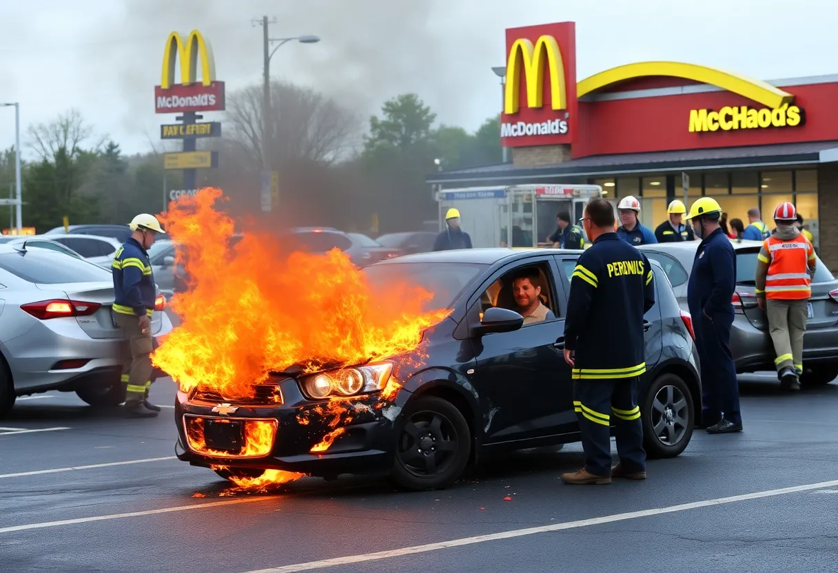 Firefighters responding to a vehicle fire in a McDonald's parking lot