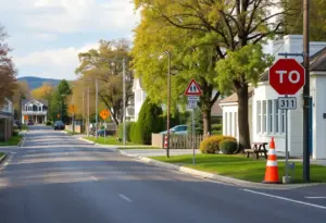 A serene road with pedestrian crossings in a small town