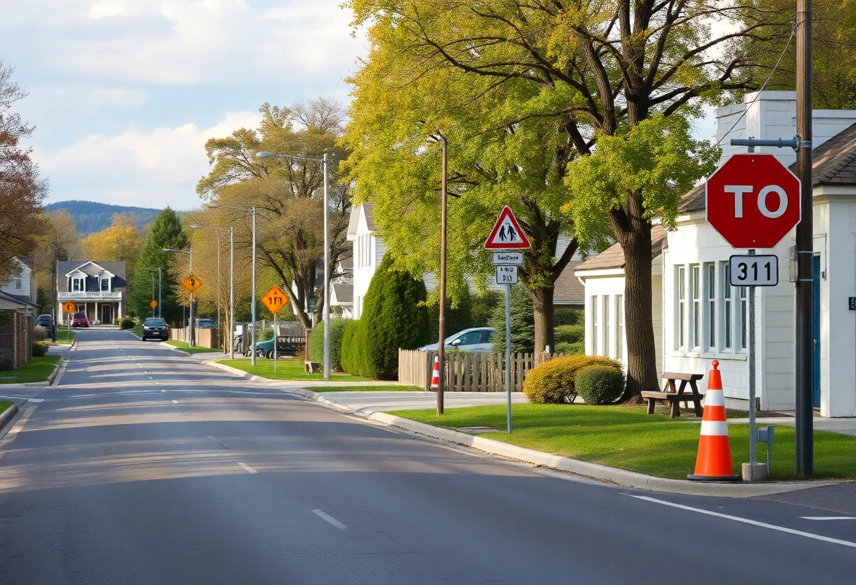 A serene road with pedestrian crossings in a small town