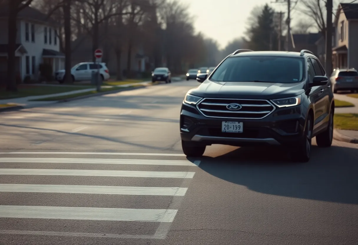Suburban road with crosswalk highlighting traffic safety concerns