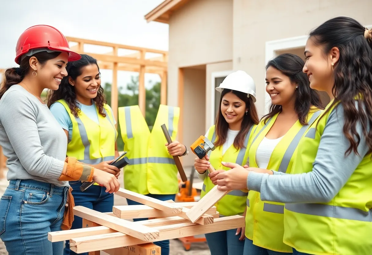 Women volunteers participating in home construction