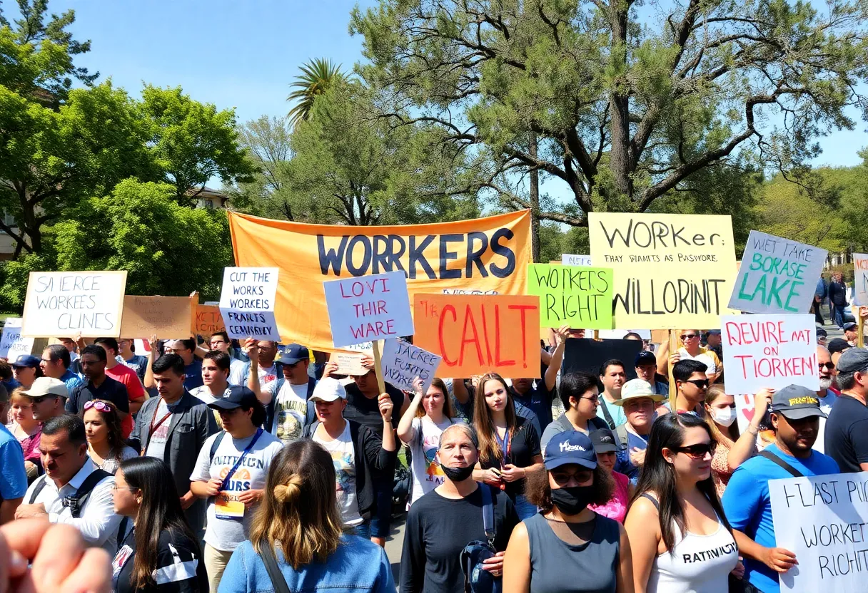 Participants at the Workers Over Billionaires Rally in Aiken, SC, holding banners and flags.
