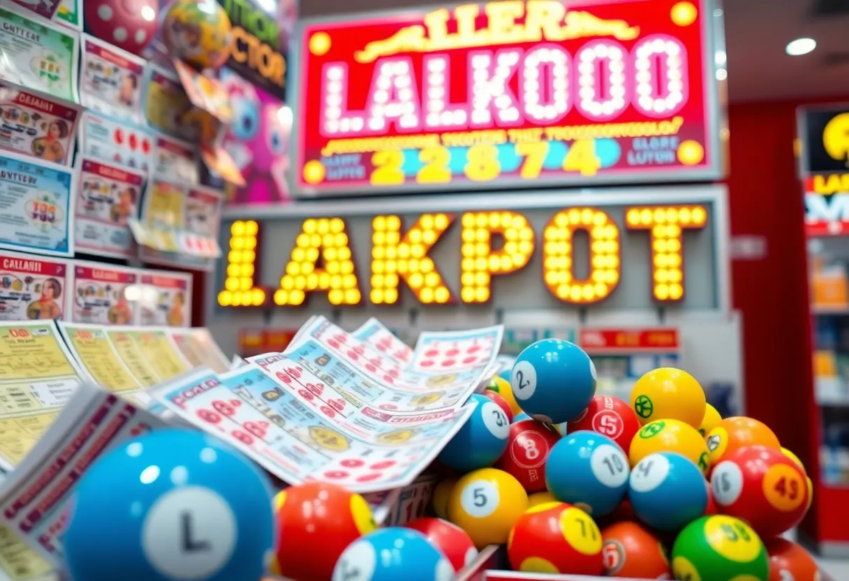 A display of Mega Millions lottery tickets and colorful balls