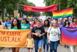 Families participating in the Aiken Buddy Walk, displaying acceptance and community spirit.
