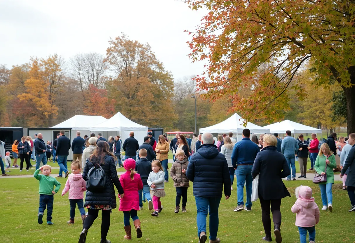 Families participating in a community event in Aiken under cloudy skies