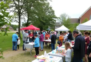 Families enjoying community events in Aiken under rainy skies