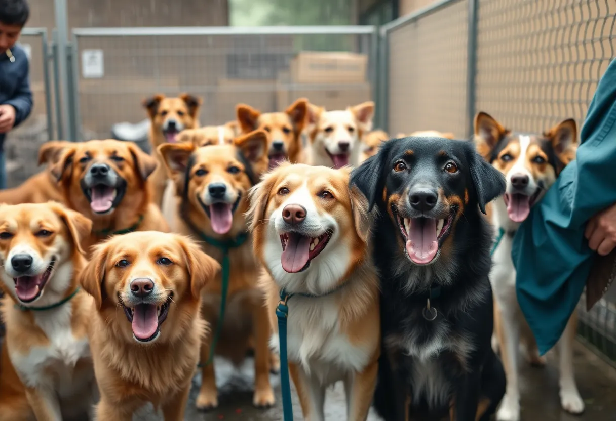 Dogs and adopters celebrating successful adoptions at Aiken County Animal Shelter