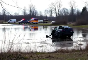 Emergency responders at the scene of a vehicle crash near a pond in Aiken County.
