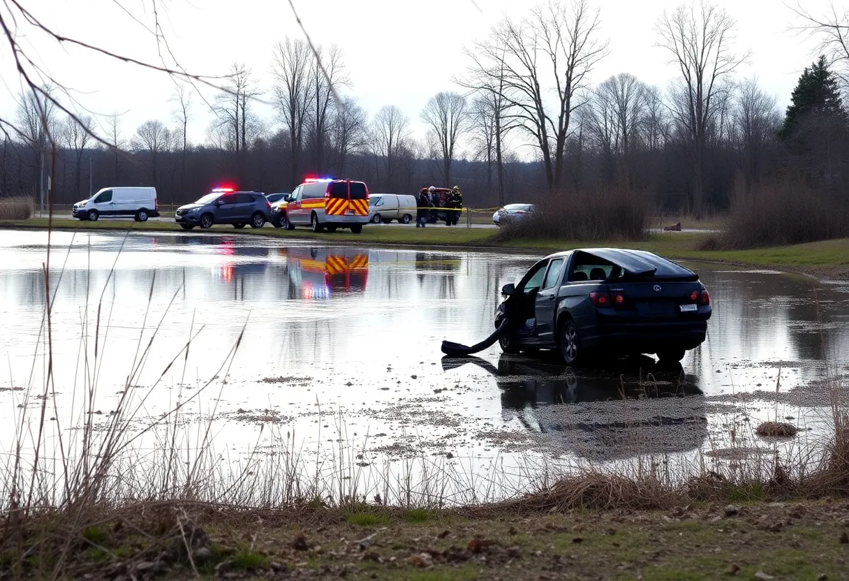 Emergency responders at the scene of a vehicle crash near a pond in Aiken County.