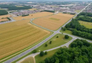 Rural landscape of Aiken County with fields and urban development