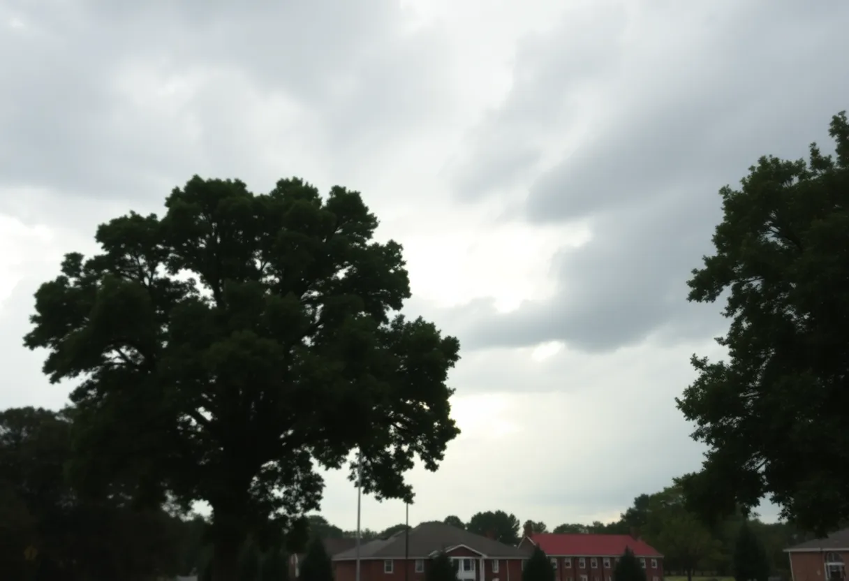 Cloudy skies over Aiken County with rain showers approaching.