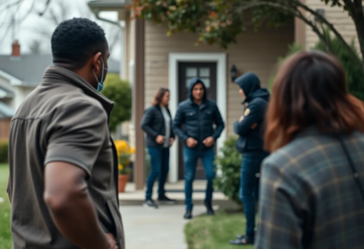 A tense confrontation scene outside a house