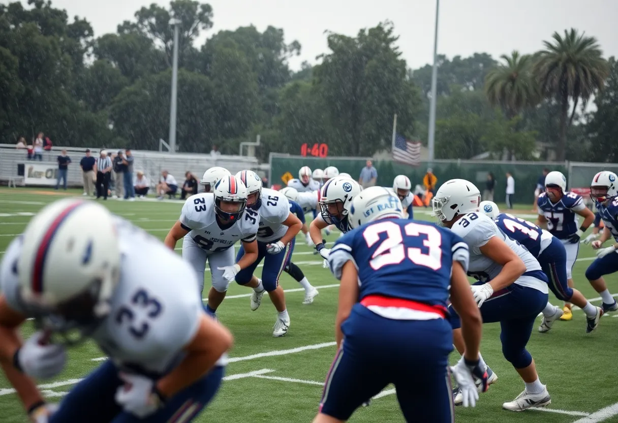 Players from Aiken High football team during a game in rainy conditions.