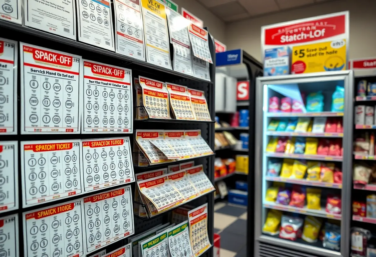 Scratch-off lottery tickets displayed in a convenience store in South Carolina.