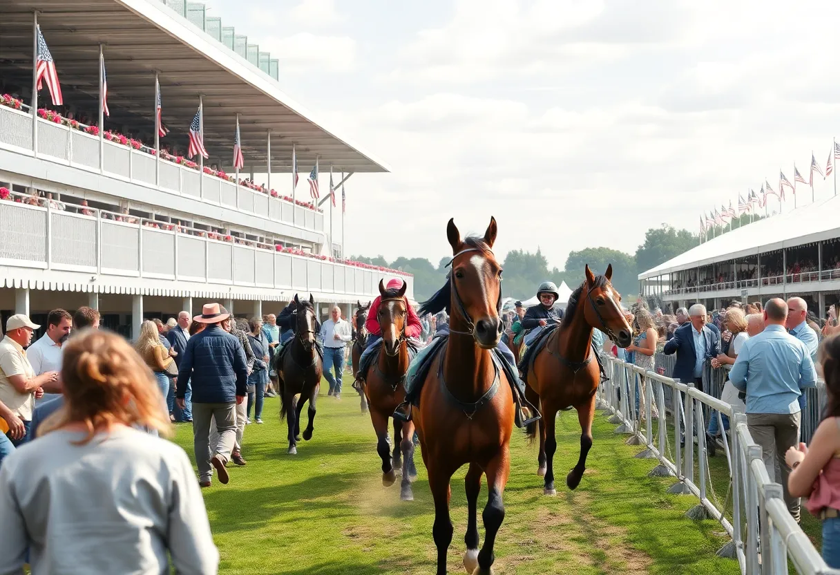 Guests enjoying the Aiken Steeplechase Association Annual Members Party with horses in the background.