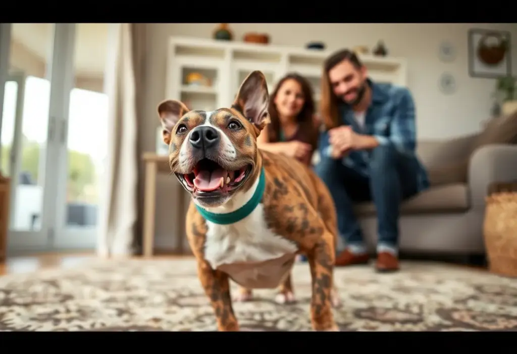 Amber the brindle pit bull mix happily playing at her new home