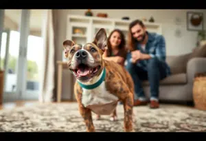 Amber the brindle pit bull mix happily playing at her new home