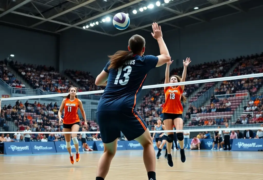 Augusta University volleyball players competing during a match
