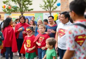 Children in superhero costumes at Belair Elementary celebrating National Pre-K Week