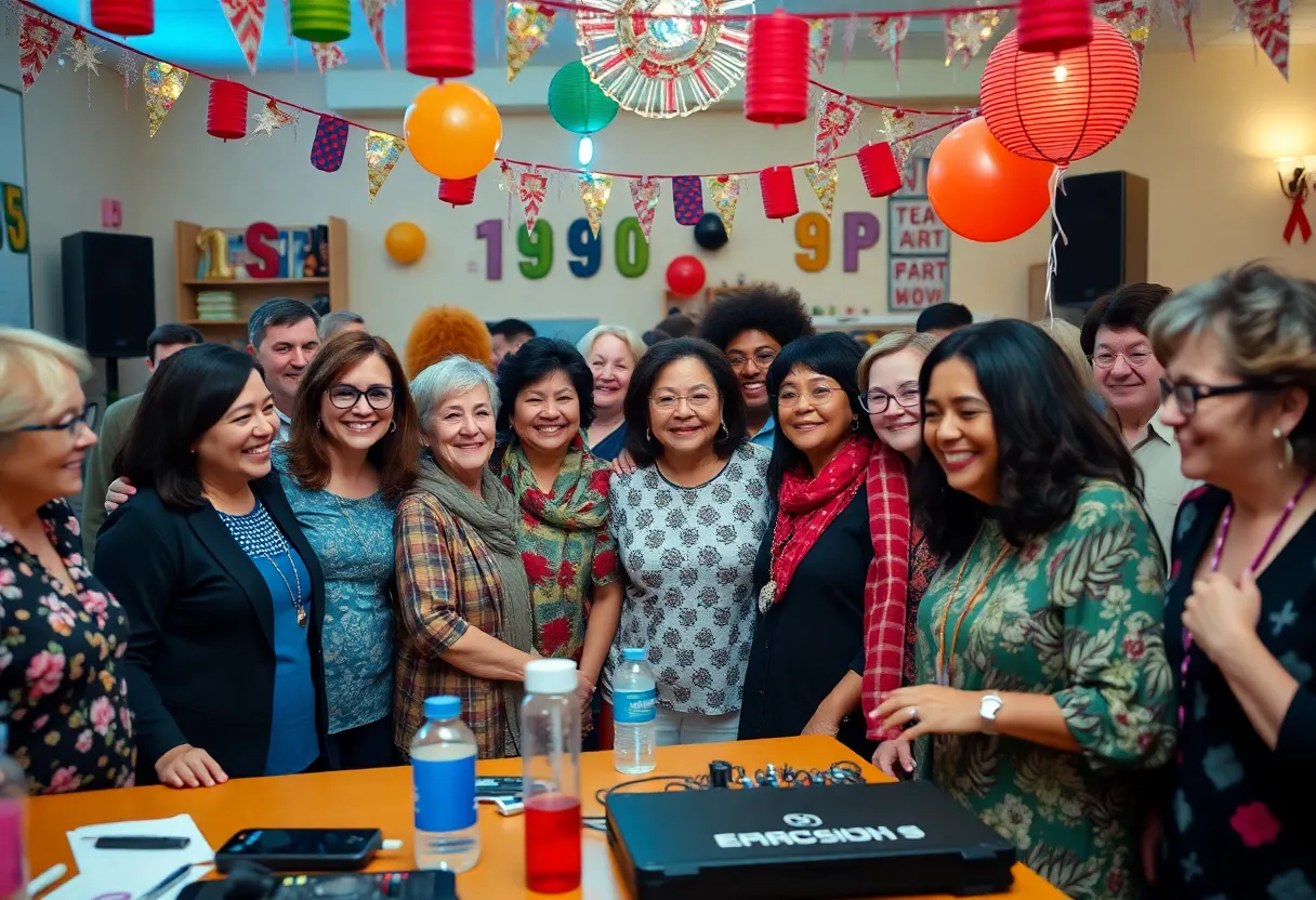 Community gathering celebrating cancer survivors with 1990s theme.