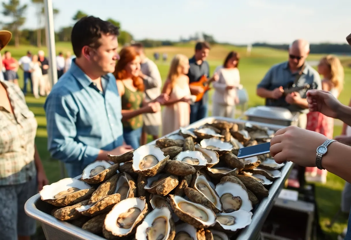 Outdoor gathering at the CNTA Oyster Roast fundraiser with seafood and live music.