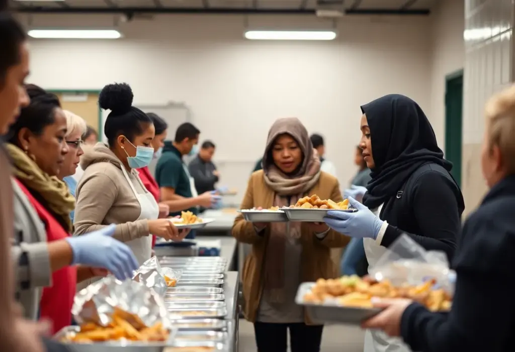 Volunteers serving free meals in a community kitchen