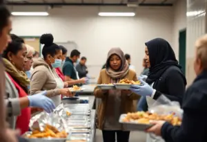 Volunteers serving free meals in a community kitchen