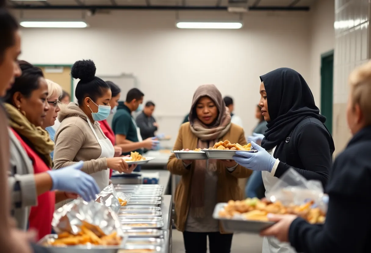 Volunteers serving free meals in a community kitchen
