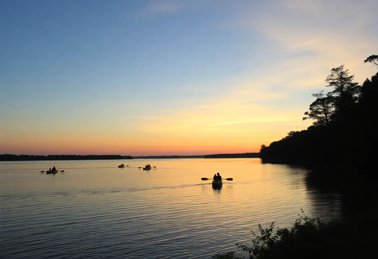 Peaceful view of the Congaree River with kayakers during sunset.