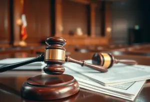 A courtroom with legal documents and a gavel representing justice.