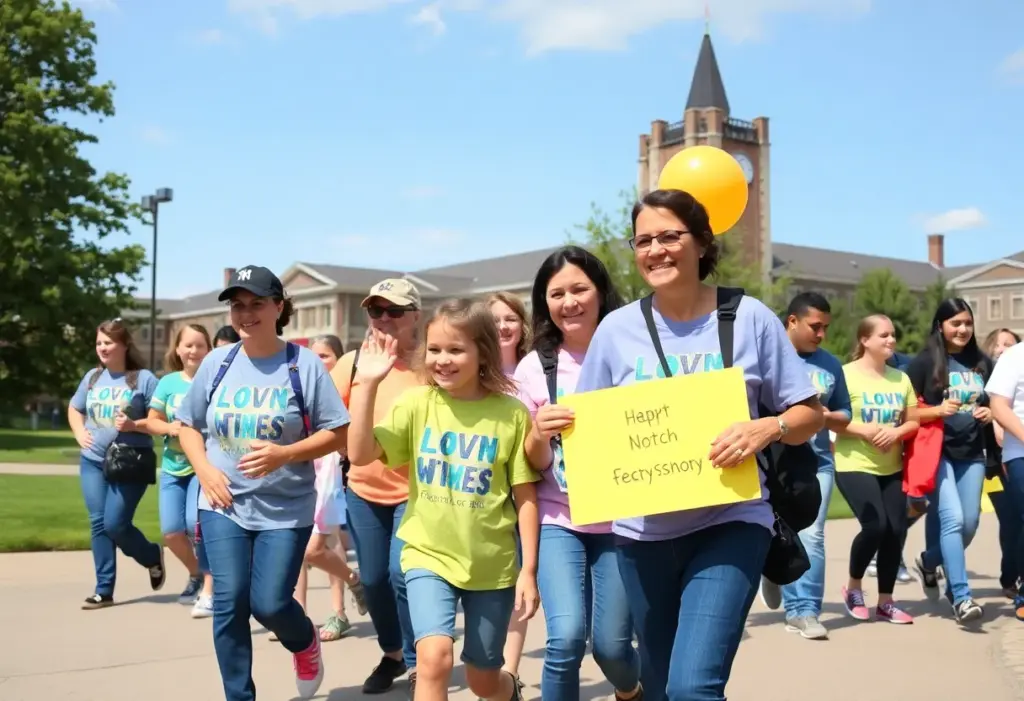 Participants celebrating at the CSRA Buddy Walk with colorful banners and shirts.