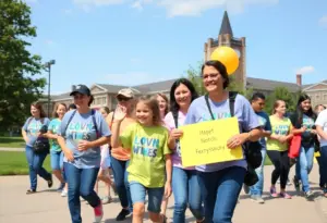 Participants celebrating at the CSRA Buddy Walk with colorful banners and shirts.