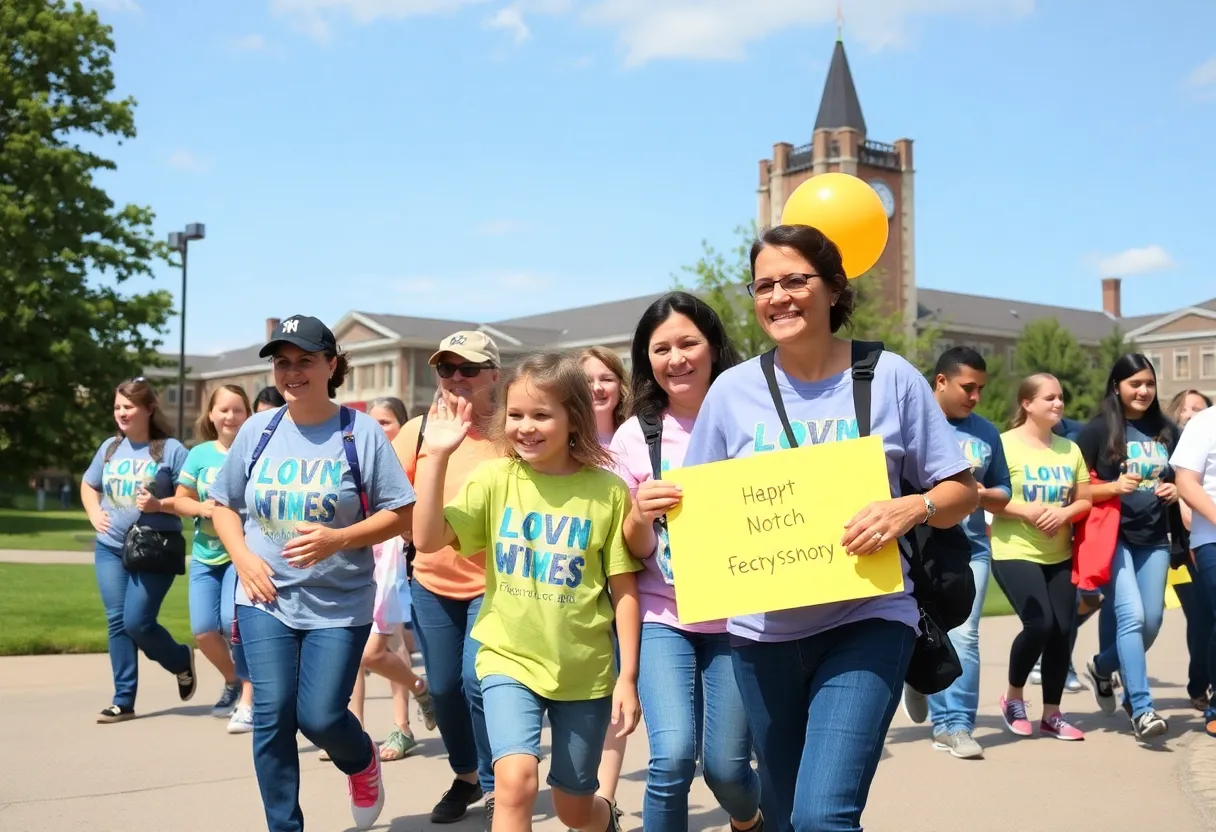Participants celebrating at the CSRA Buddy Walk with colorful banners and shirts.