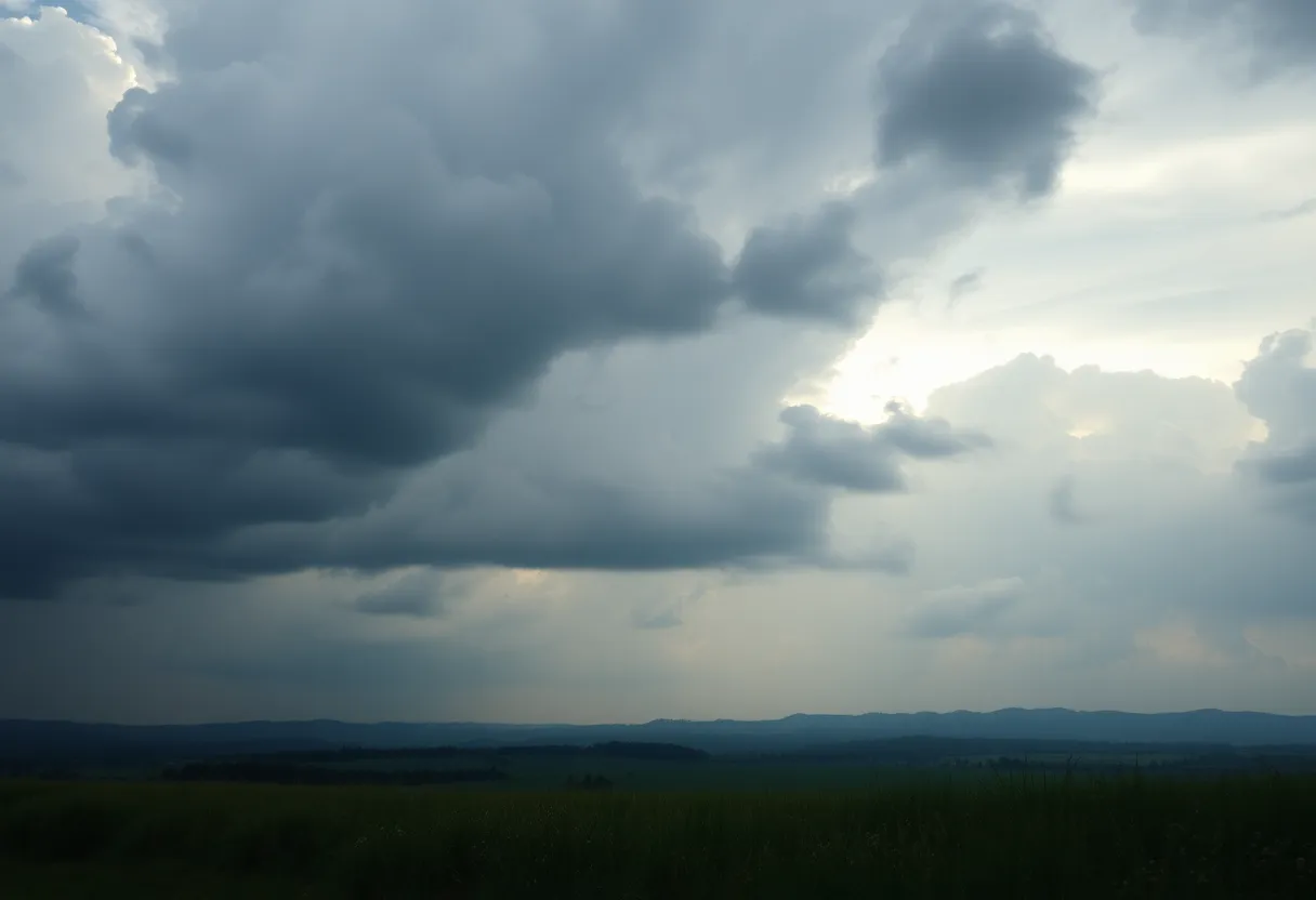 Symbolic representation of domestic violence awareness with dark clouds over a serene landscape.