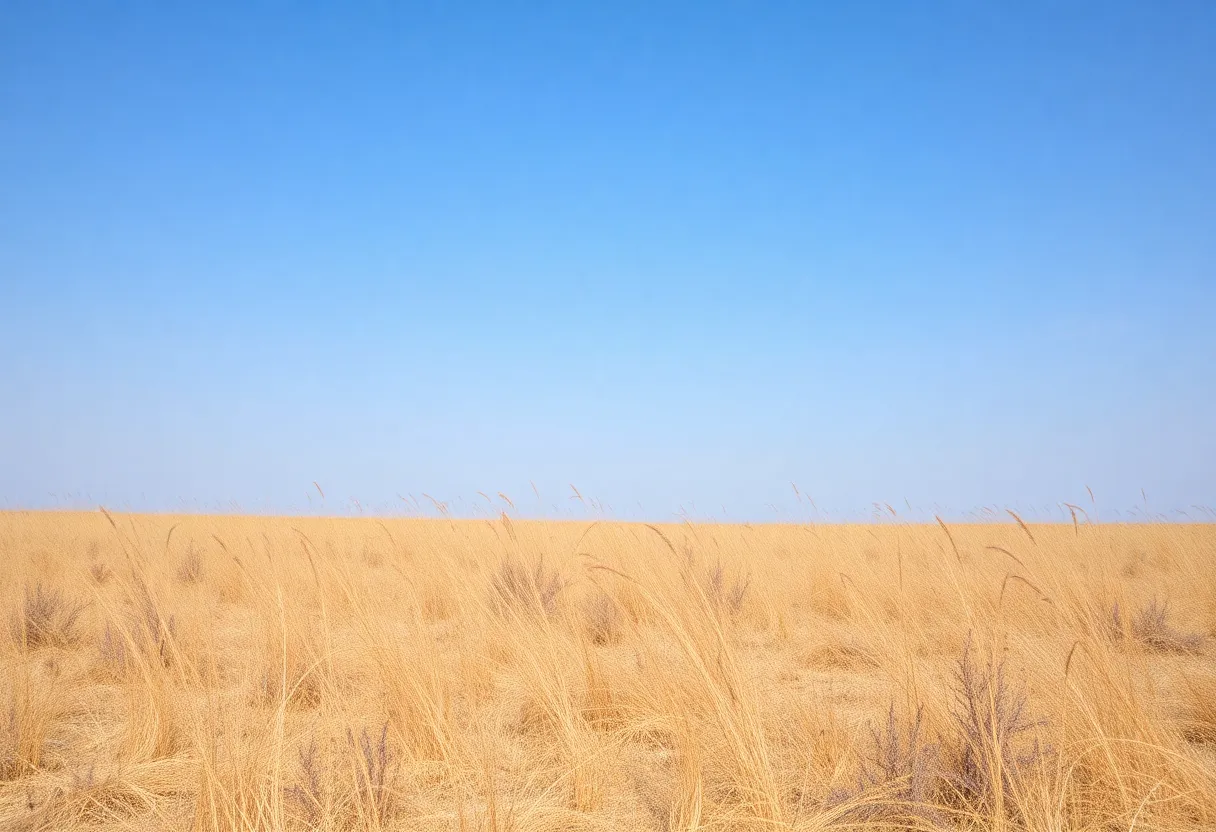 Dry grassland in South Carolina with clear skies indicating fire danger