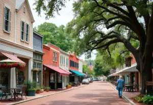 A scenic street in a small South Carolina town with local shops and cafes.