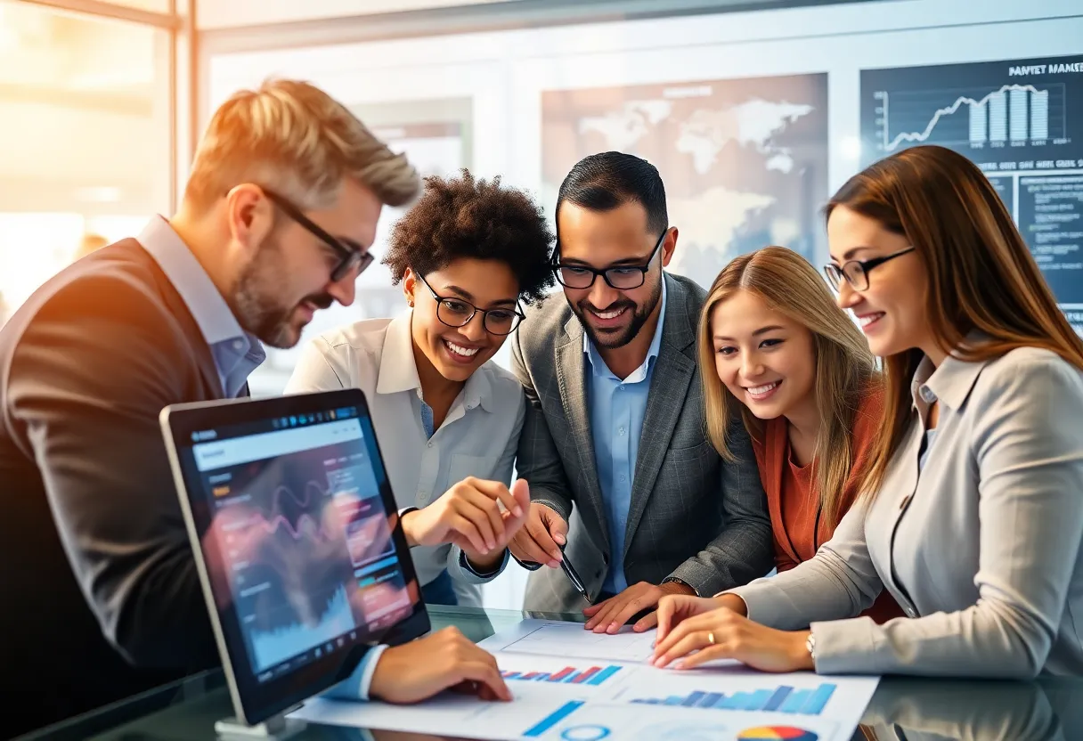 Professionals collaborating on a digital marketing strategy.