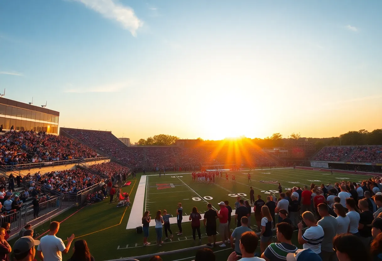 Exciting atmosphere at a high school football game with fans cheering.