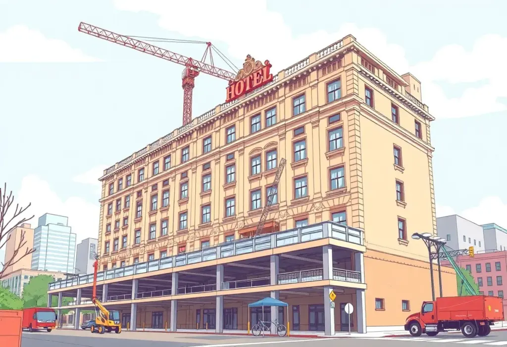 Rendering of Hotel Aiken and adjacent properties with parking garage