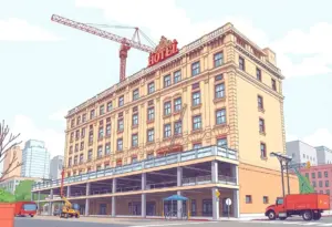 Rendering of Hotel Aiken and adjacent properties with parking garage