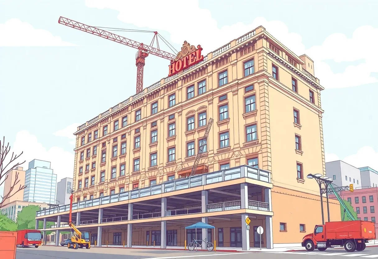 Rendering of Hotel Aiken and adjacent properties with parking garage