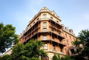 Construction scene at Hotel Aiken showing revitalization efforts