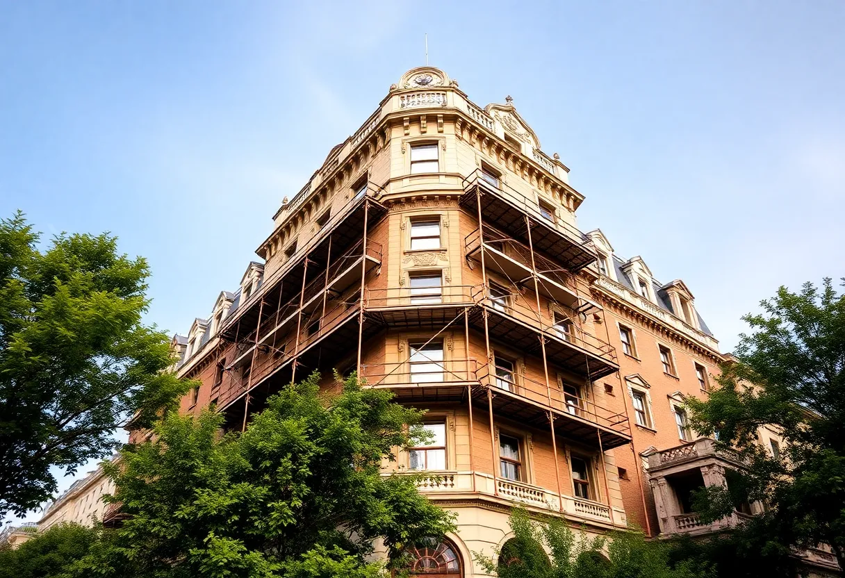 Construction scene at Hotel Aiken showing revitalization efforts