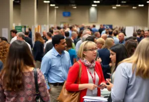 Job seekers networking with employers at a job fair.