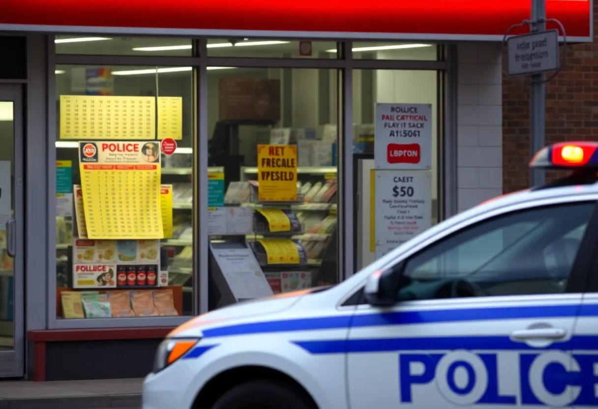 Scene of a convenience store investigation for lottery fraud