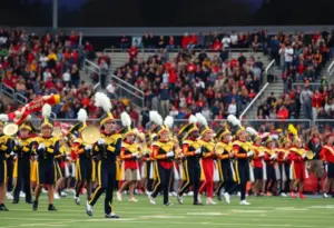 High school marching band performing at a football game