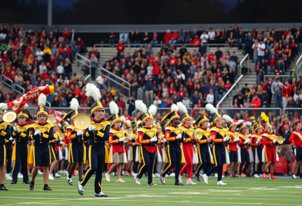 High school marching band performing at a football game